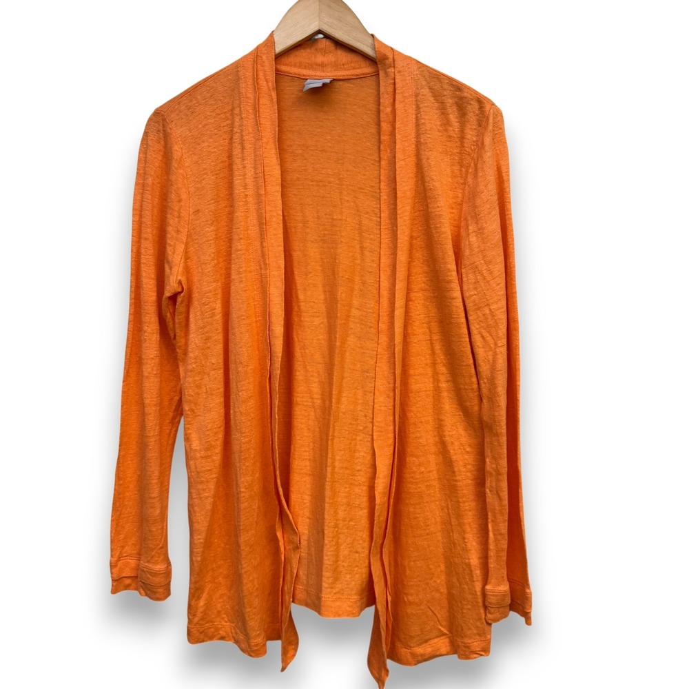 Chicos Medium Orange 100% Linen Open Front Cardigan Sweater Tangerine Spring